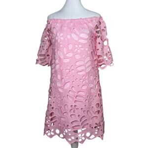 PrettyGarden Pink Off the Shoulder Open Lace Flare Mini Dress Size S NEW